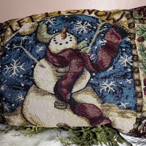 Tapestry Holiday pillow Snowman on one side berries on other side. - Picture 2 of 5